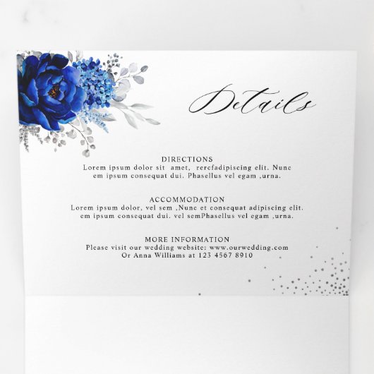 Koninklijk blauw witte zilveren metalen bloem brui drieluik aankondiging (Binnenzijde eerst)