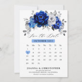 Koninklijk blauw witte zilveren metalen bloemencal save the date (Voorkant)