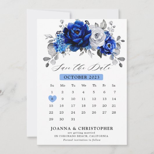 Koninklijk blauw witte zilveren metalen bloemencal save the date (Voorkant)