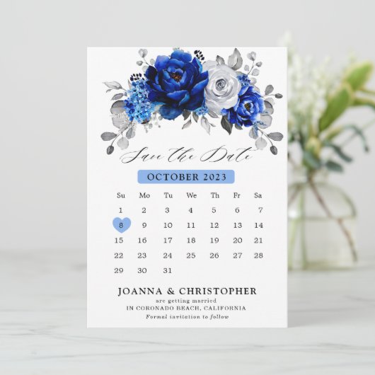Koninklijk blauw witte zilveren metalen bloemencal save the date (Staand voorkant)