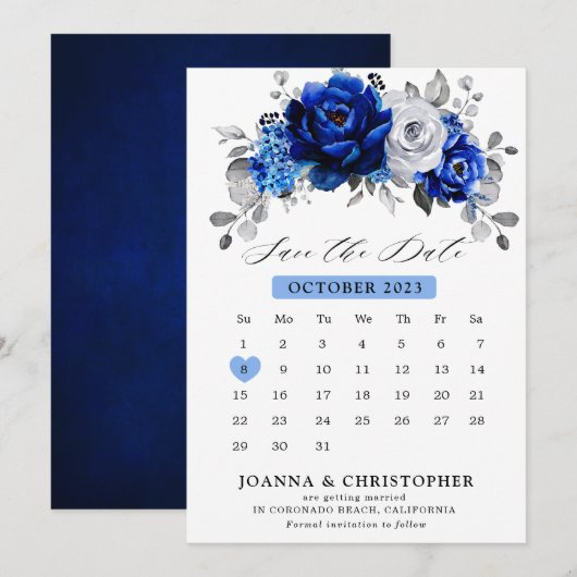 Koninklijk blauw witte zilveren metalen bloemencal save the date (Voorkant / Achterkant)