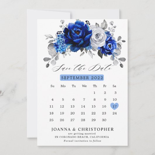 Koninklijk blauw witte zilveren metalen bloemencal save the date (Voorkant)