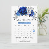 Koninklijk blauw witte zilveren metalen bloemencal save the date (Staand voorkant)
