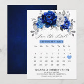 Koninklijk blauw witte zilveren metalen bloemencal save the date (Voorkant / Achterkant)