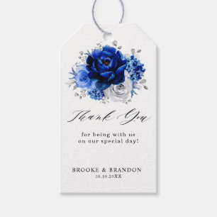 Koninklijk Blauw Witte Zilveren Metallic Bloem Bru Cadeaulabel