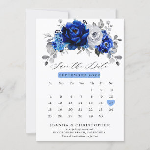 Koninklijk Blauw Witte Zilveren Metallic Bloemenca Save The Date