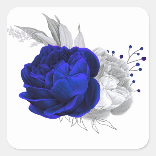 Koninklijk Blauw & Zilver Bloemen Wit Vierkante Sticker (Voorkant)