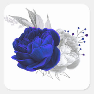 Koninklijk Blauw & Zilver Bloemen Wit Vierkante Sticker