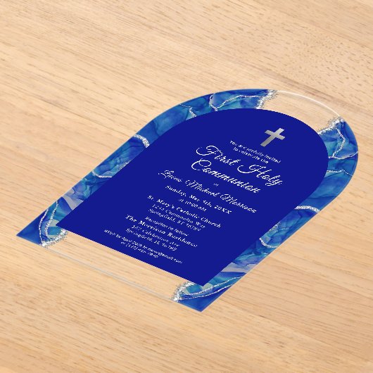 Koninklijk Blauw Zilver Eerste Heilige Communie El Acryl Uitnodigingen (Laagn)