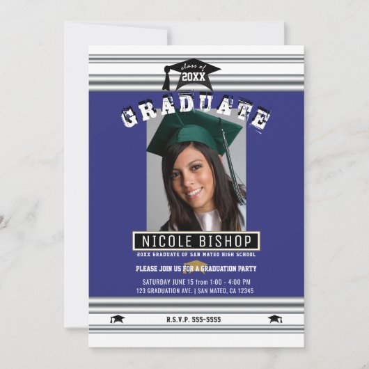 Koninklijk Blauw Zilver Elegante Foto Afstudeerfee Kaart (Voorkant)