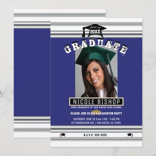Koninklijk Blauw Zilver Elegante Foto Afstudeerfee Kaart (Voorkant / Achterkant)