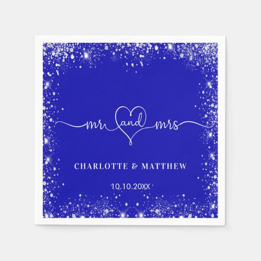 Koninklijk blauw zilver glitter meneer mevrouw har servet (Voorkant)