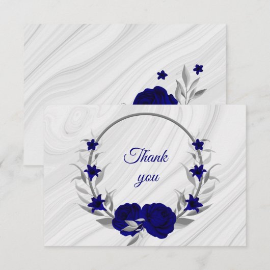 Koninklijk Blauw Zilver Grijs Bloemkrans Marmer Bedankkaart (Voorkant / Achterkant)