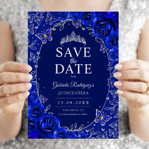 Koninklijk Blauw Zilver Quinceanera Bloem Save The Date