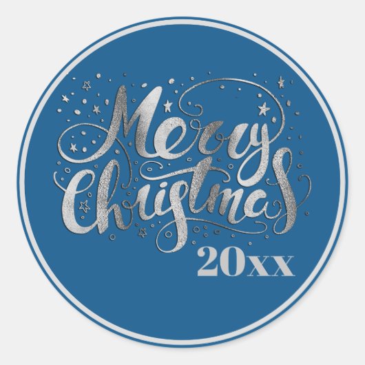 Koninklijk Blauw Zilver Wit Prettig Kerstfeest Ronde Sticker (Voorkant)