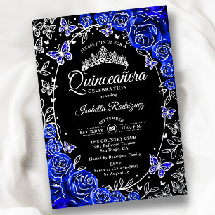 Koninklijk Blauw Zilver Zwart Rozen Quinceanera Folie Uitnodiging