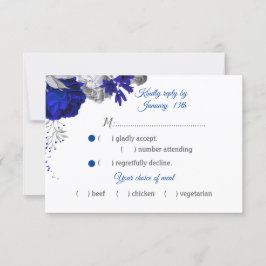 koninklijk blauw & zilveren bloemen maaltijdkeuze  RSVP kaartje