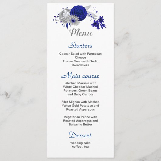 Koninklijk Blauw Zilveren Bloemen Wit Bruiloft Men Menu (Voorkant)