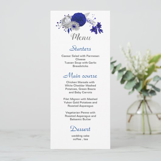 Koninklijk Blauw Zilveren Bloemen Wit Bruiloft Men Menu (Staand voorkant)