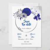 Koninklijk Blauw Zilveren Bloemkrans Save the Date Kaart (Voorkant)