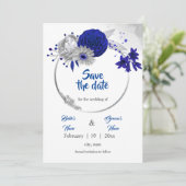 Koninklijk Blauw Zilveren Bloemkrans Save the Date Kaart (Staand voorkant)