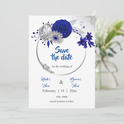 Koninklijk Blauw Zilveren Bloemkrans Save the Date Kaart (Staand voorkant)