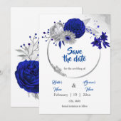 Koninklijk Blauw Zilveren Bloemkrans Save the Date Kaart (Voorkant / Achterkant)