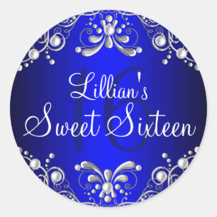 Koninklijk Blauw Zilveren Parel Damast Sweet 16 St Ronde Sticker