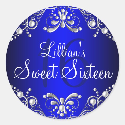 Koninklijk Blauw Zilveren Parel Damast Sweet 16 St Ronde Sticker (Voorkant)