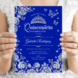 Koninklijk Blauw Zilveren Rozen Vlinders Quinceane Kaart