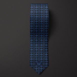 Koninklijk Blauw & Zwart Arabesk Monogram Stropdas