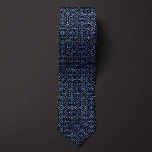 Koninklijk Blauw & Zwart Arabesk Monogram Stropdas