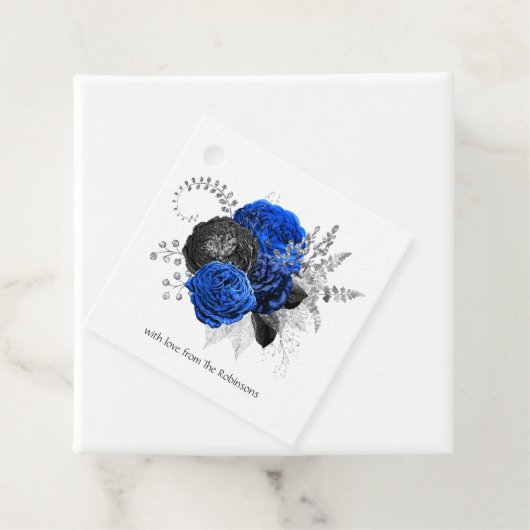 Koninklijk Blauw, Zwart en Zilver Bloemmotief Bedankjes Labels (In situ)