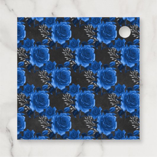 Koninklijk Blauw, Zwart en Zilver Bloemmotief Bedankjes Labels (Achterkant)