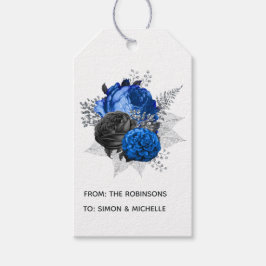 Koninklijk Blauw, Zwart en Zilver Bloemmotief Cadeaulabel