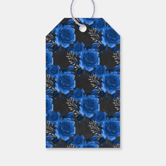 Koninklijk Blauw, Zwart en Zilver Bloemmotief Cadeaulabel (Achterkant)