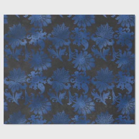 Koninklijk Blauw, Zwart en Zilver Bloemmotief Cadeaupapier (Vlak)