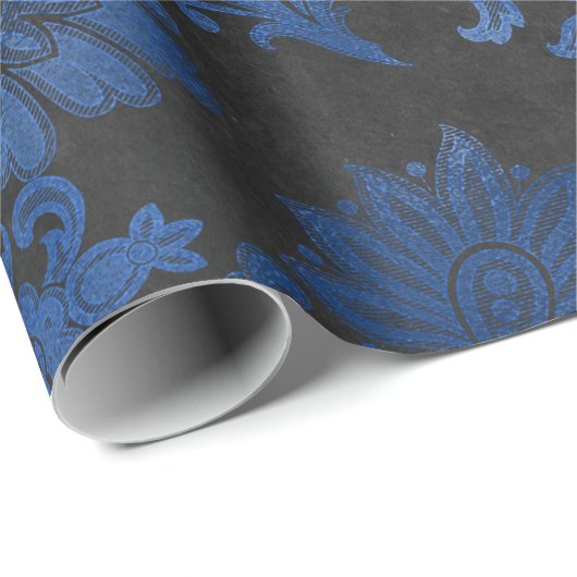 Koninklijk Blauw, Zwart en Zilver Bloemmotief Cadeaupapier (Rol Hoek)