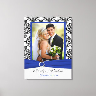 Koninklijk Blauw, Zwart, Wit Damast Bruiloft Canva Canvas Afdruk