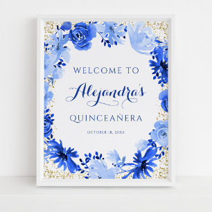 Koninklijk Blauwe Aquarel Bloem Gouden Quinceanera Poster
