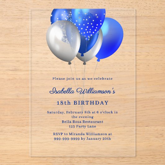 Koninklijk blauwe ballonnen heldere luxe verjaarda acryl uitnodigingen (Voorkant)