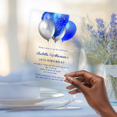 Koninklijk blauwe ballonnen heldere luxe verjaarda acryl uitnodigingen