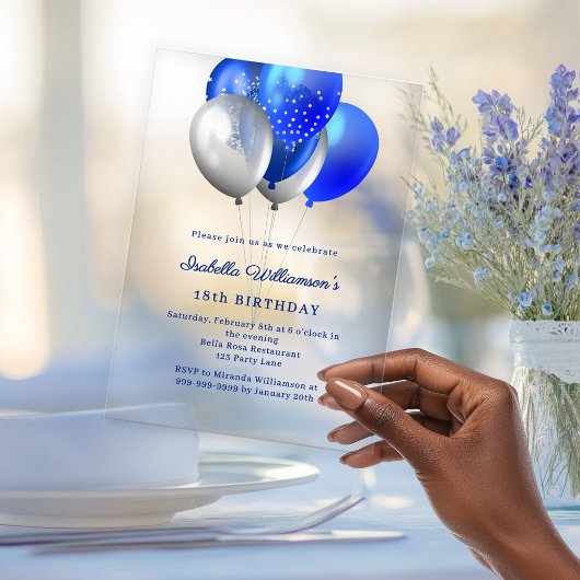 Koninklijk blauwe ballonnen heldere luxe verjaarda acryl uitnodigingen