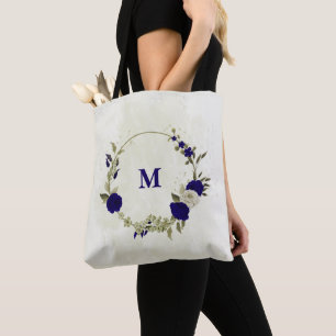 Koninklijk blauwe beige bloemen tote bag