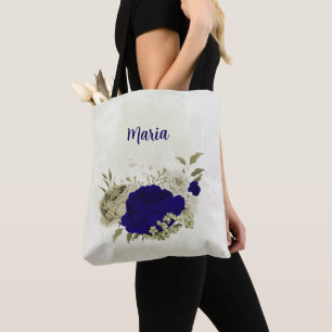 Koninklijk blauwe beige bloemen tote bag