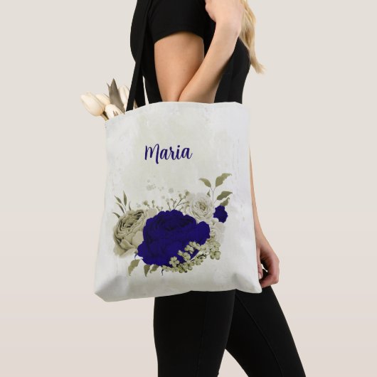Koninklijk blauwe beige bloemen tote bag (Dichtbij)