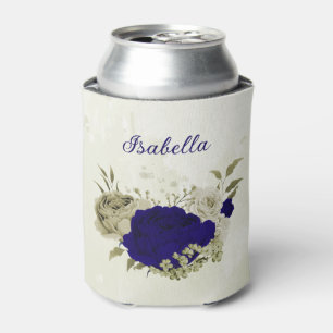 Koninklijk blauwe beige bloemige bruiloft blikjeskoeler