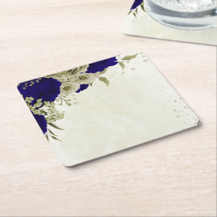 Koninklijk blauwe beige bloemige bruiloft kartonnen onderzetters