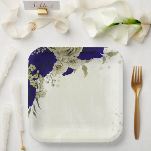 Koninklijk blauwe beige bloemige bruiloft papieren bordje