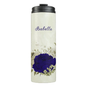 Koninklijk blauwe beige bloemige bruiloft thermosbeker